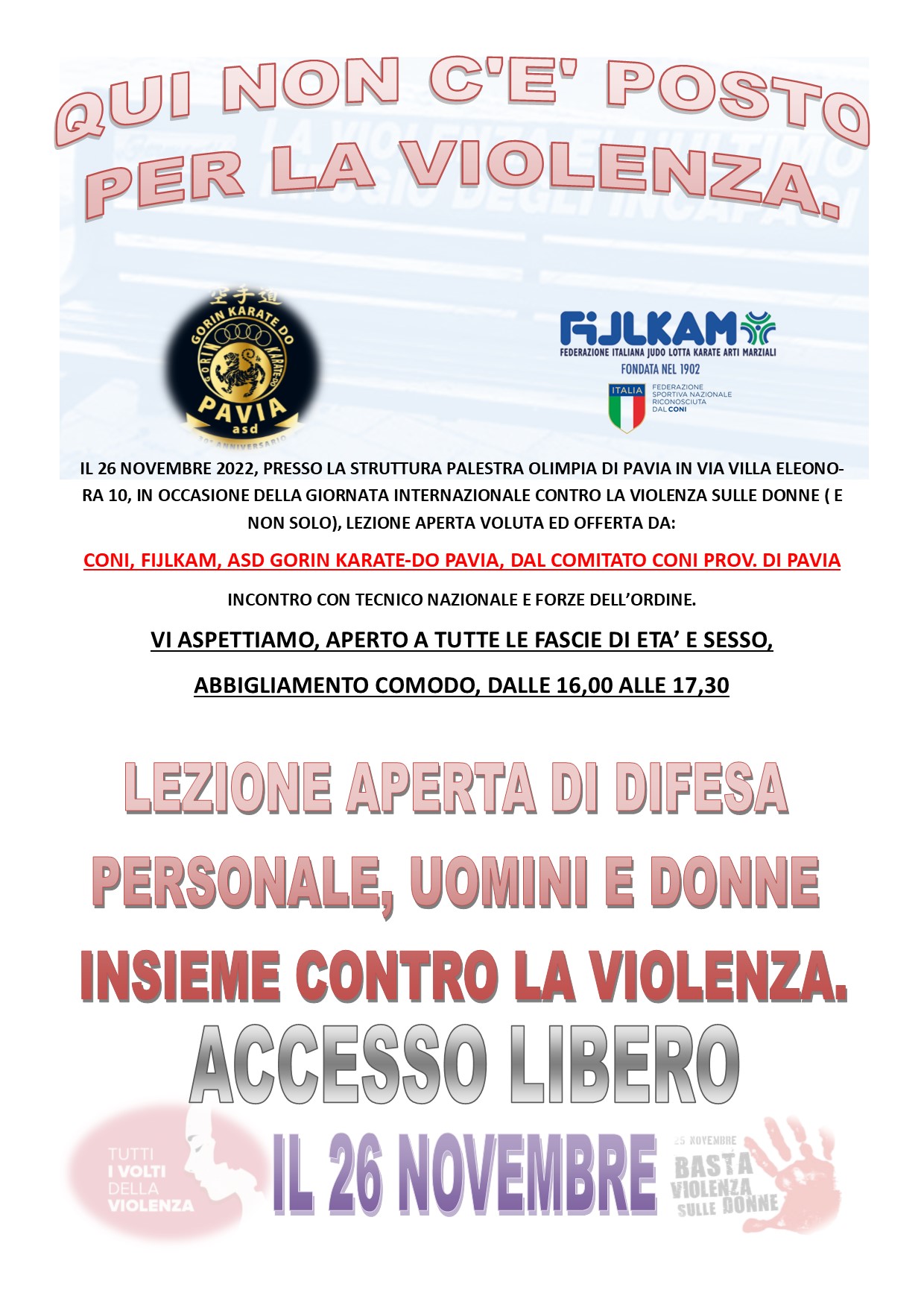 difesa personale lezione gratuita 26 Novembre 2022 a Pavia