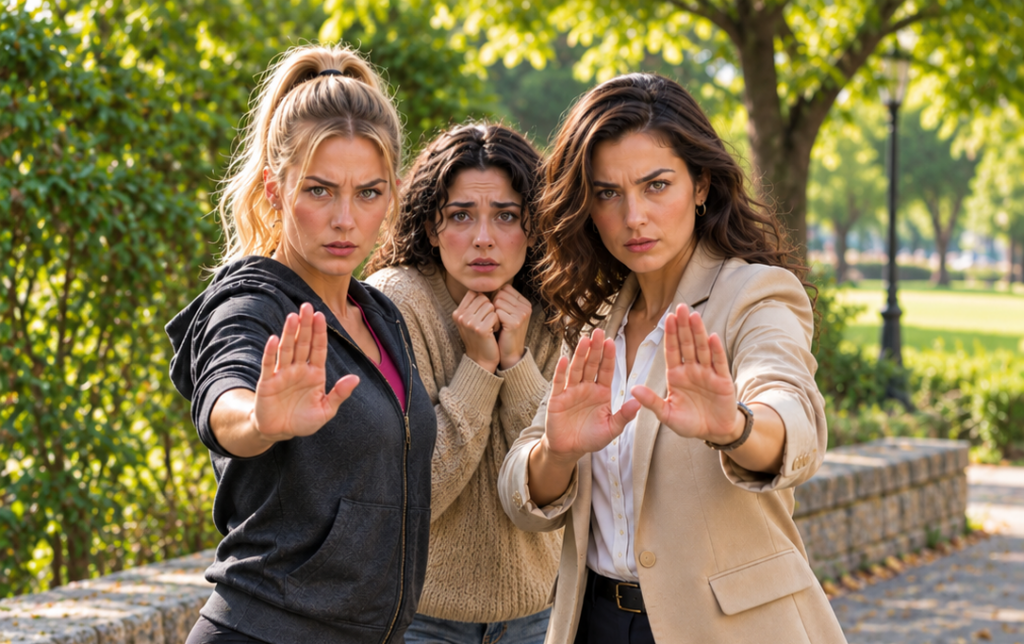 due donne nel parco che proteggono una terza indifesa